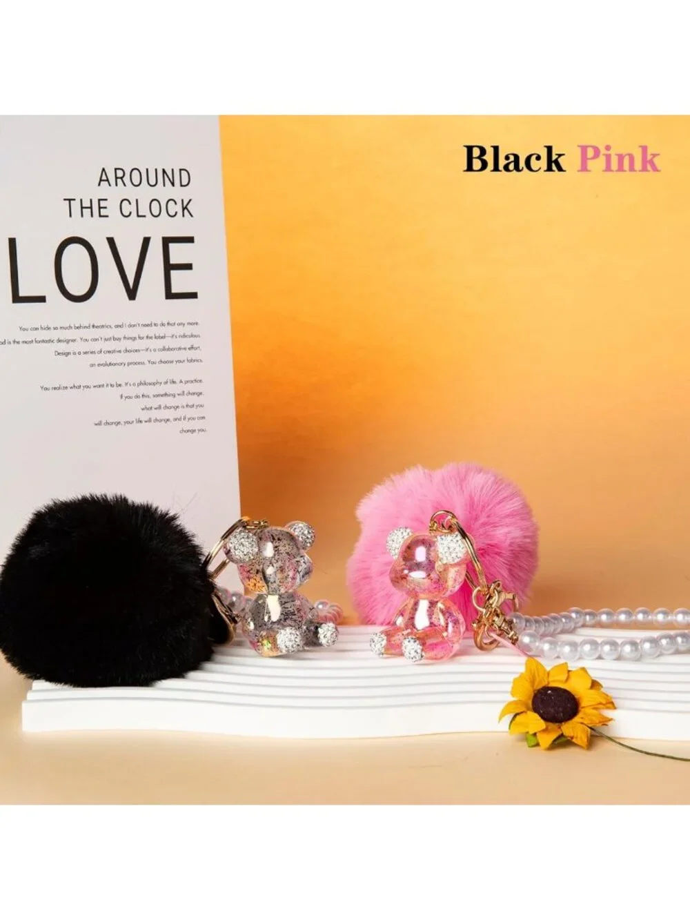 Kawaii Cute Bear Keychain - Bling Gummy Teddy Pom Pom Wristlet for Women